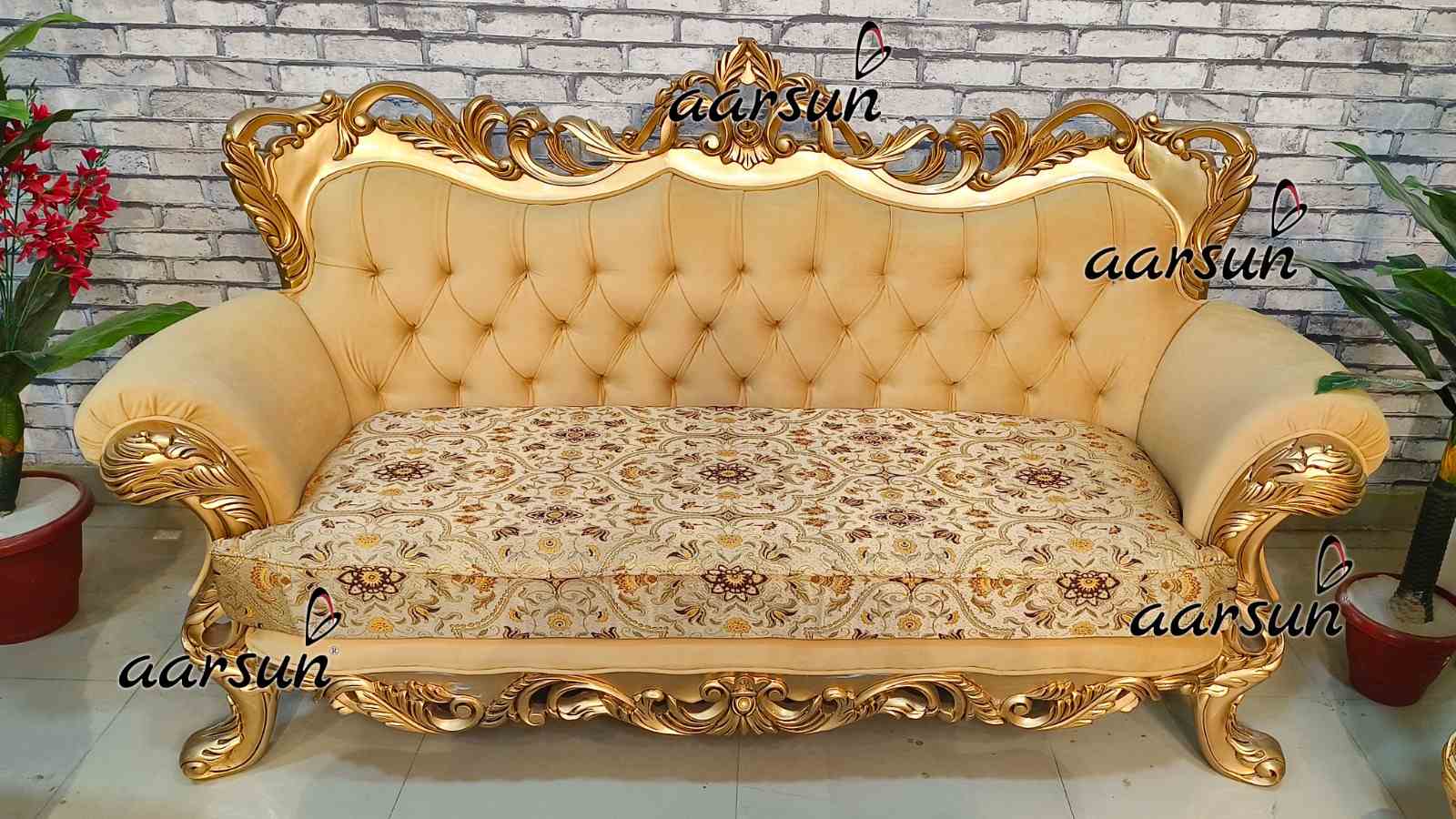 Teak Wood Sofa Set with Antique Gold Paint view 3