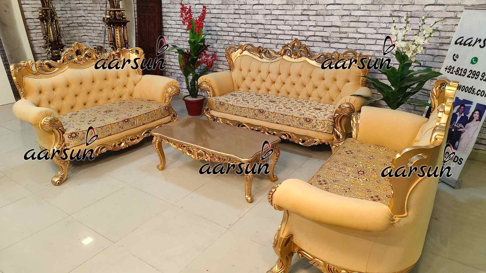 Teak Wood Sofa Set with Antique Gold Paint view 4