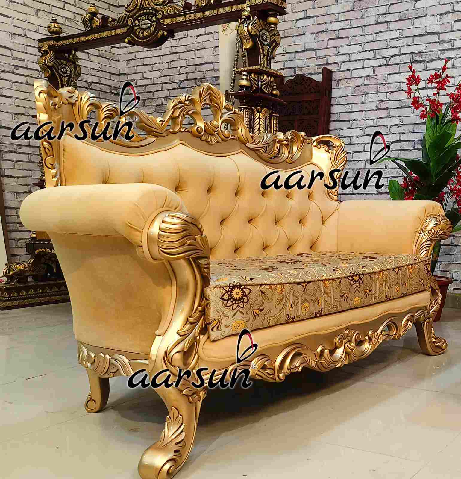 Teak Wood Sofa Set with Antique Gold Paint view 5