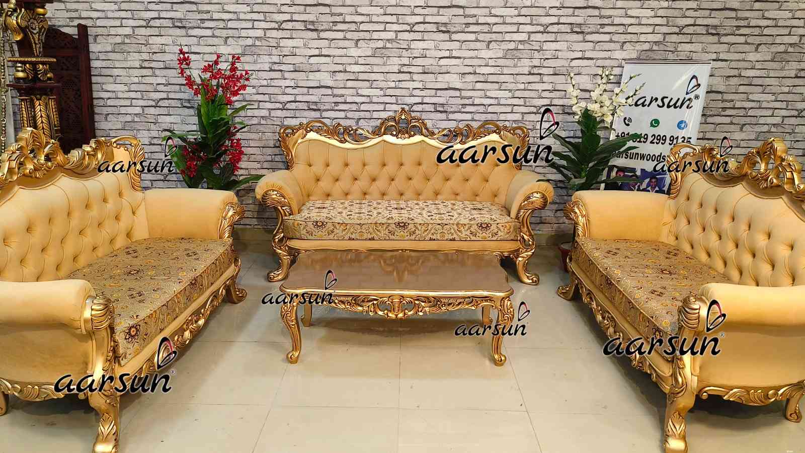 Teak Wood Sofa Set with Antique Gold Paint