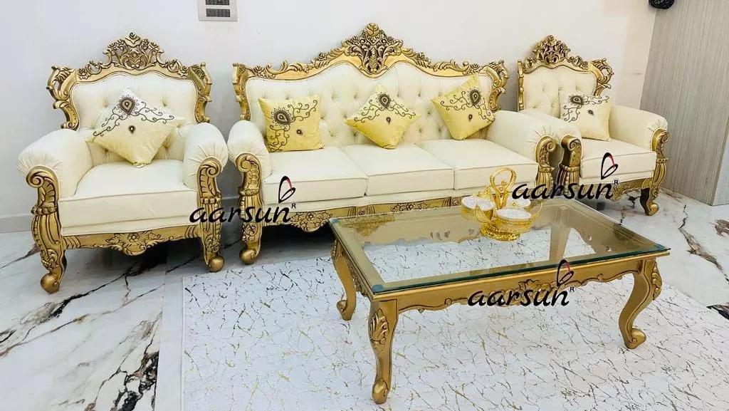 Traditional Handcrafted Wooden Sofa Set for Living Room