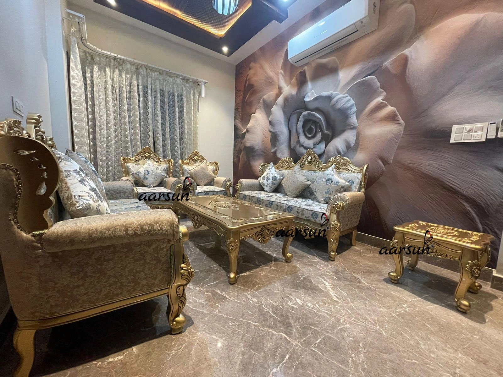 Traditional Wooden Sofa Set with Ornate Gold Carving view 3