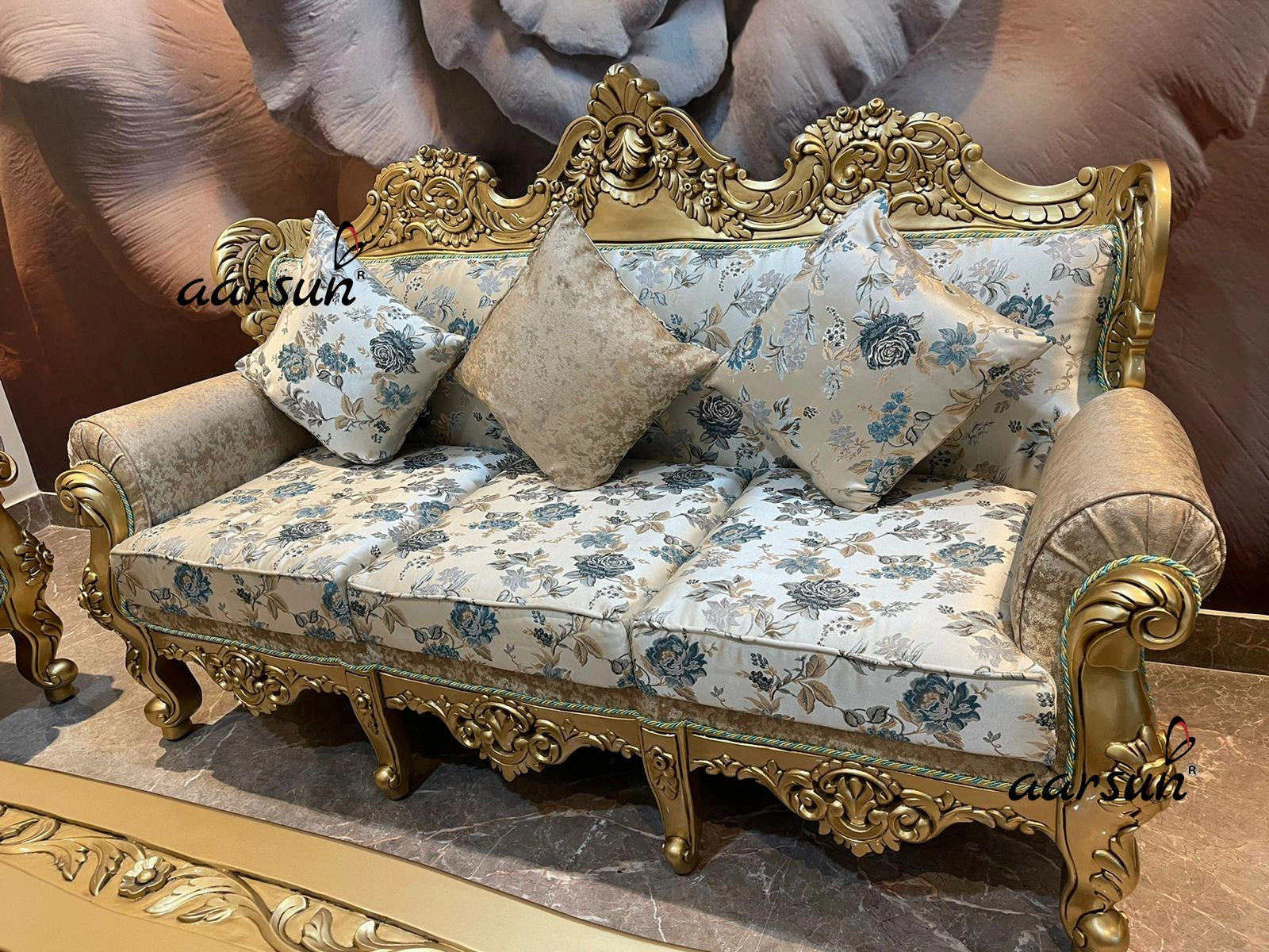 Traditional Wooden Sofa Set with Ornate Gold Carving view 4