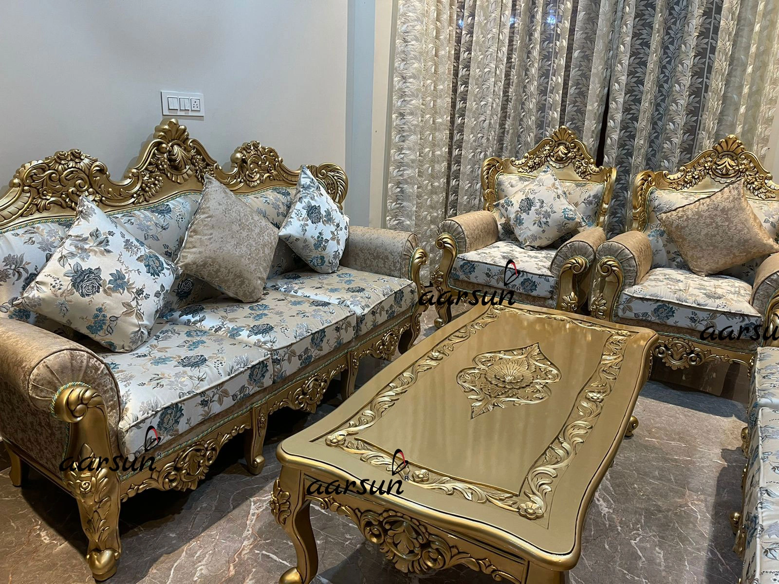 Traditional Wooden Sofa Set with Ornate Gold Carving view 5