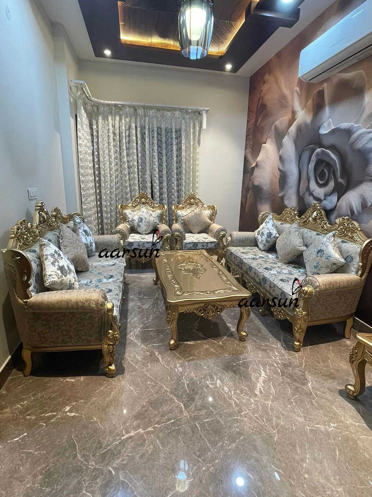 Traditional Wooden Sofa Set with Ornate Gold Carving view 6