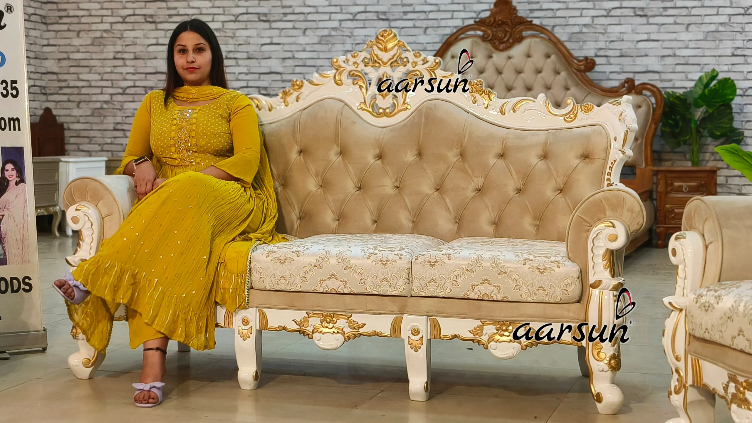 White Deco with Gold Highlighted Sofa Set view 3