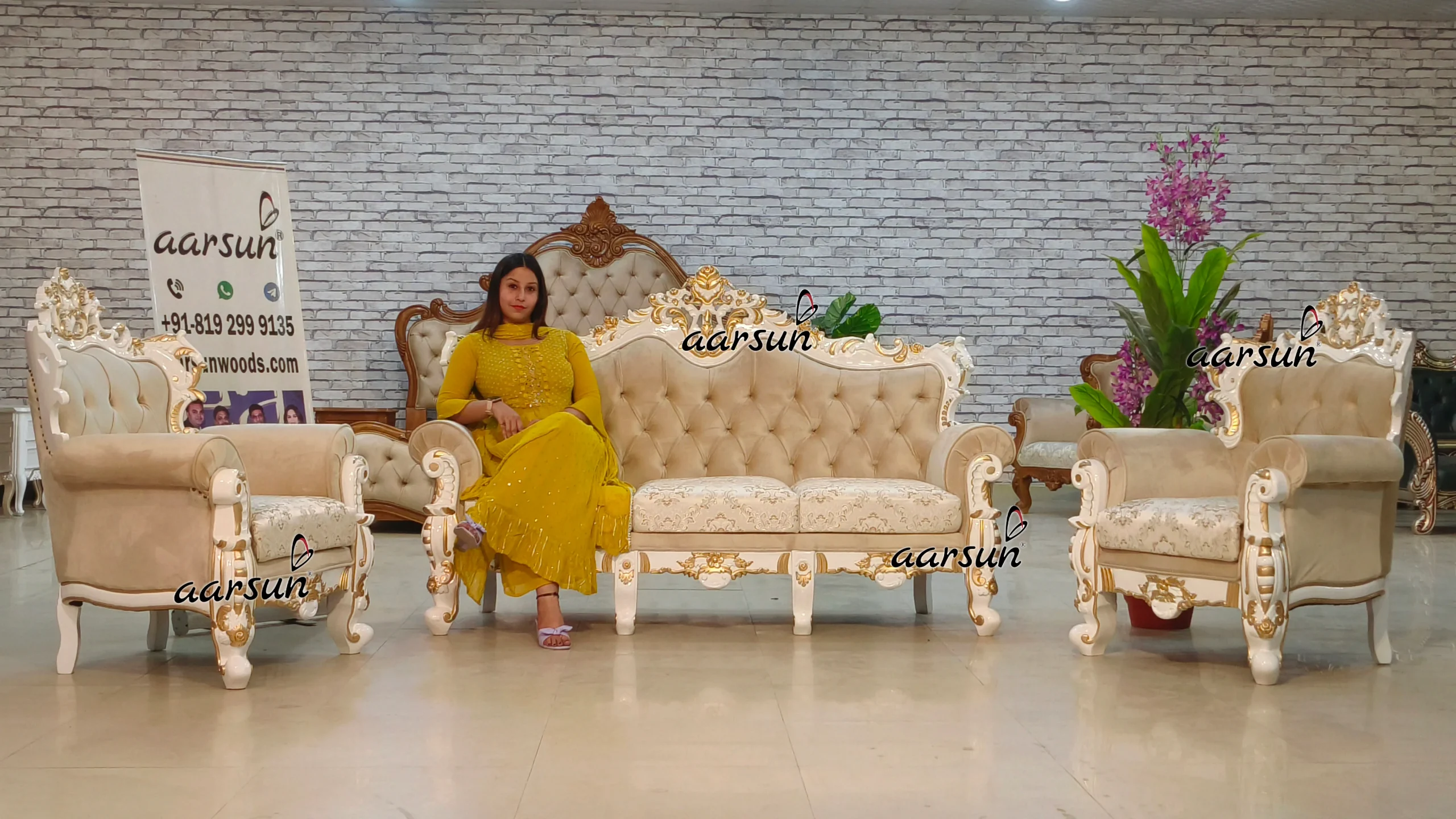 White Deco with Gold Highlighted Sofa Set