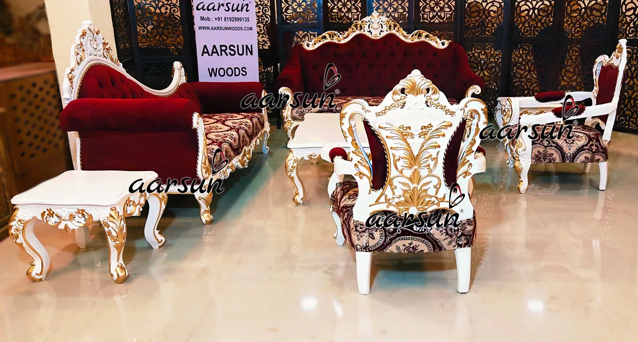 White & Gold 8 Seater Sofa Set in Teak Wood YT-358 view 3